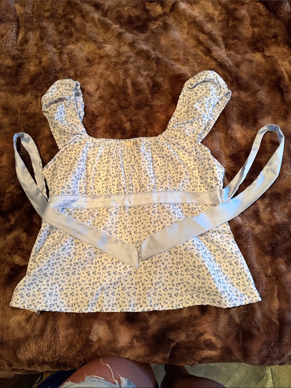 Blush Cream Top with Blue Floral Print- Hint of Blush